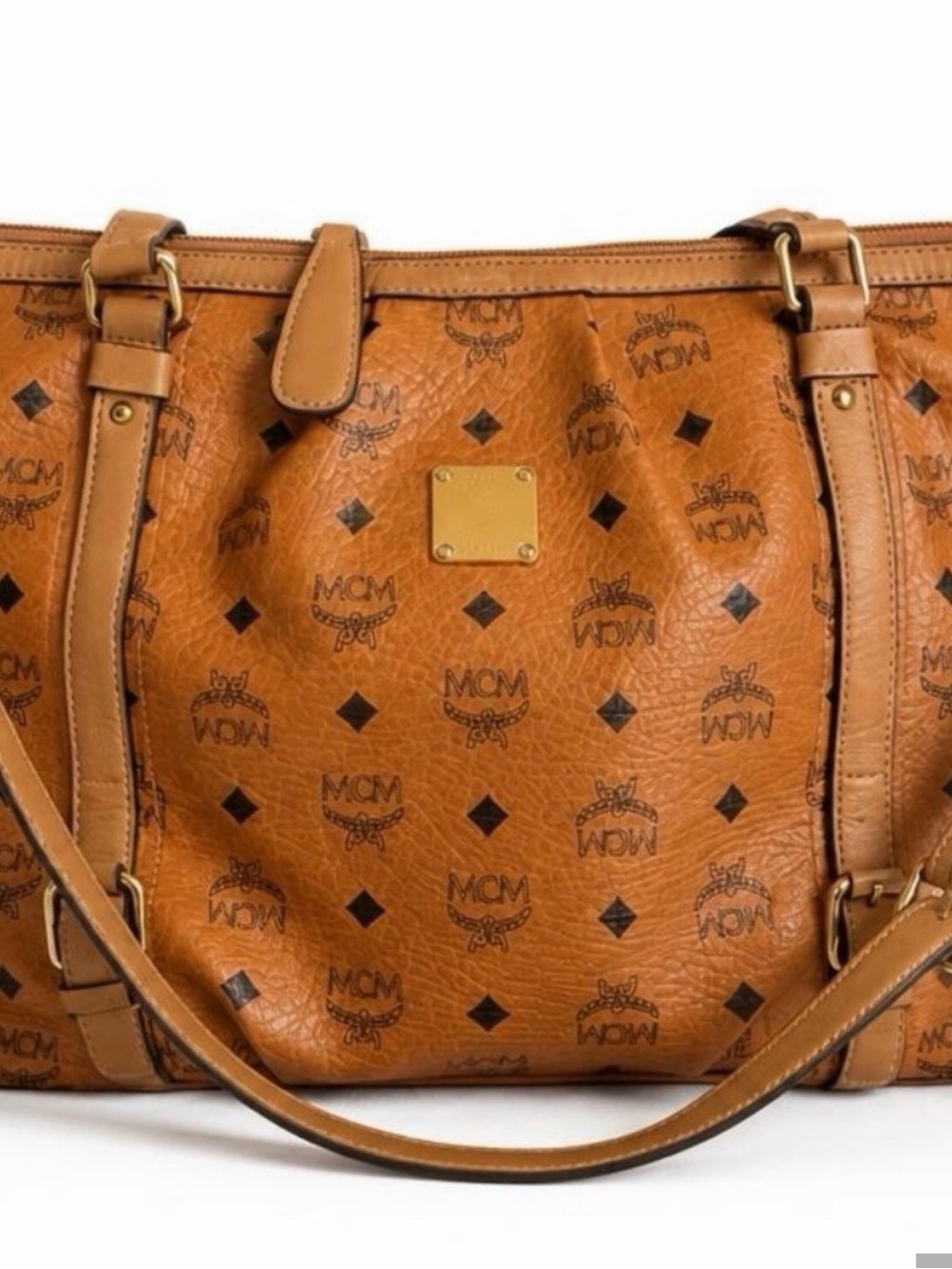 MCM Tan Visetos Monogram Leather Tote with Gold Plate